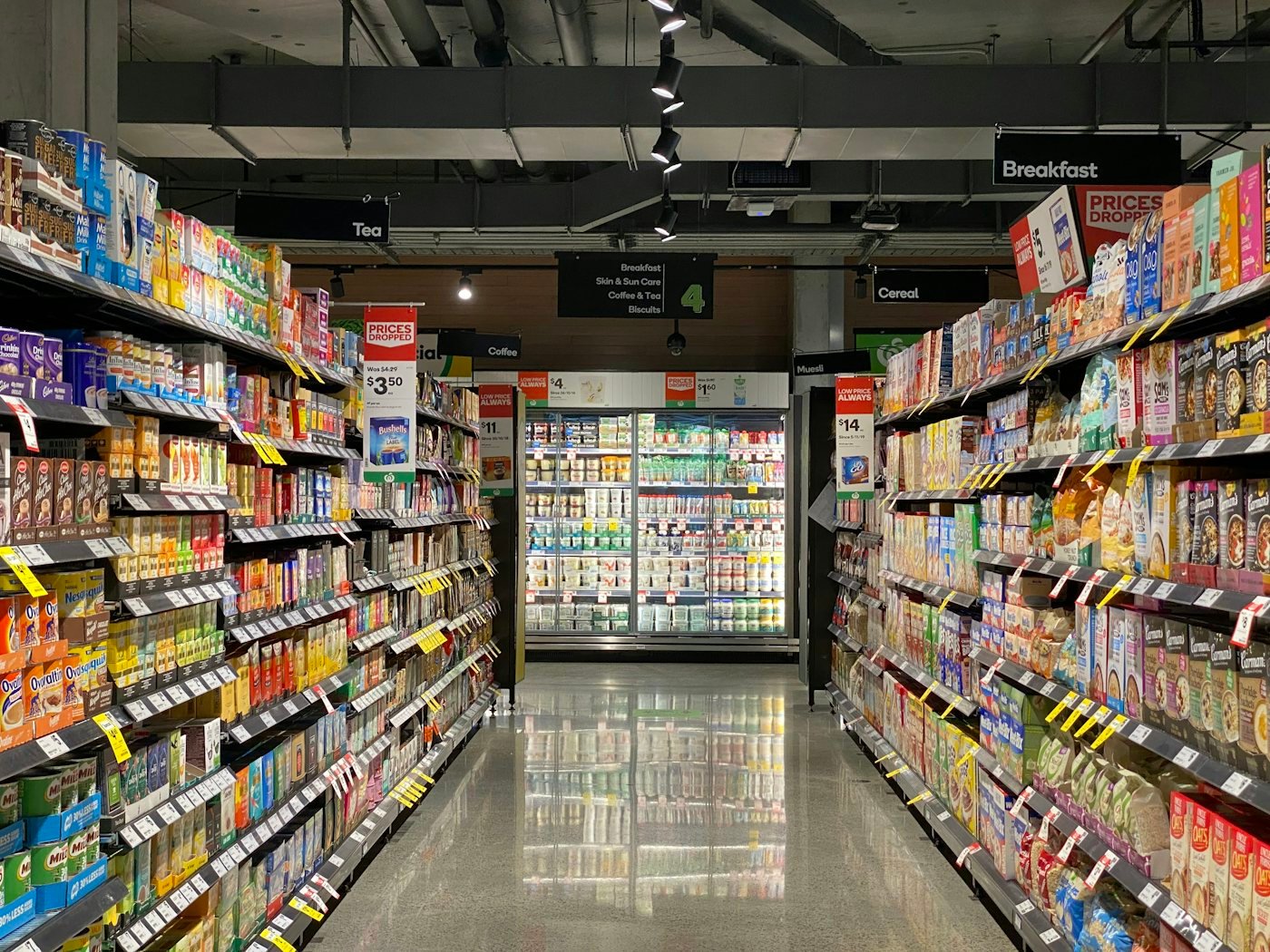 Retail aisle stocked with branded consumer products